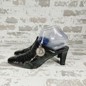 Brighton Women's Rubens Black Mule Crinkle Patent Bling Heels F617